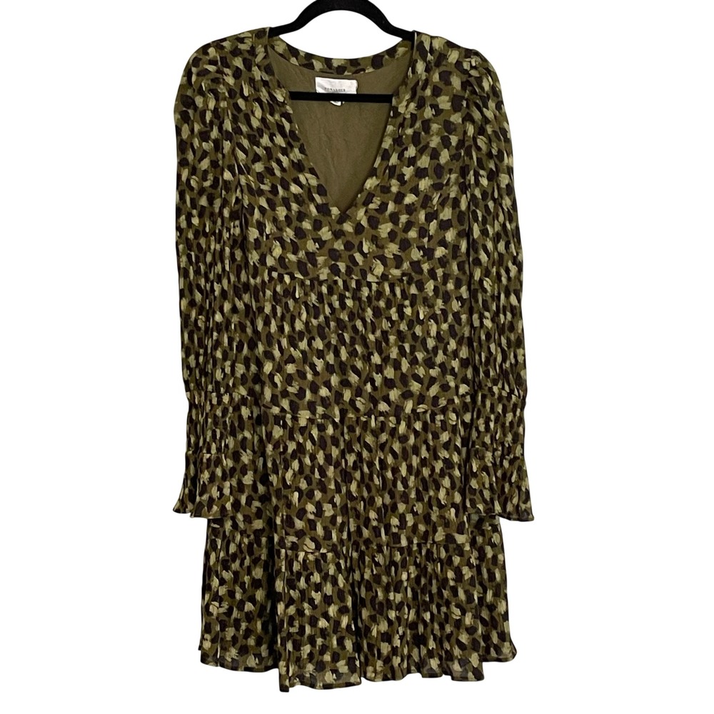 Pomander Place Olive Green Abstract Print Tiered V-Neck Mini Dress M